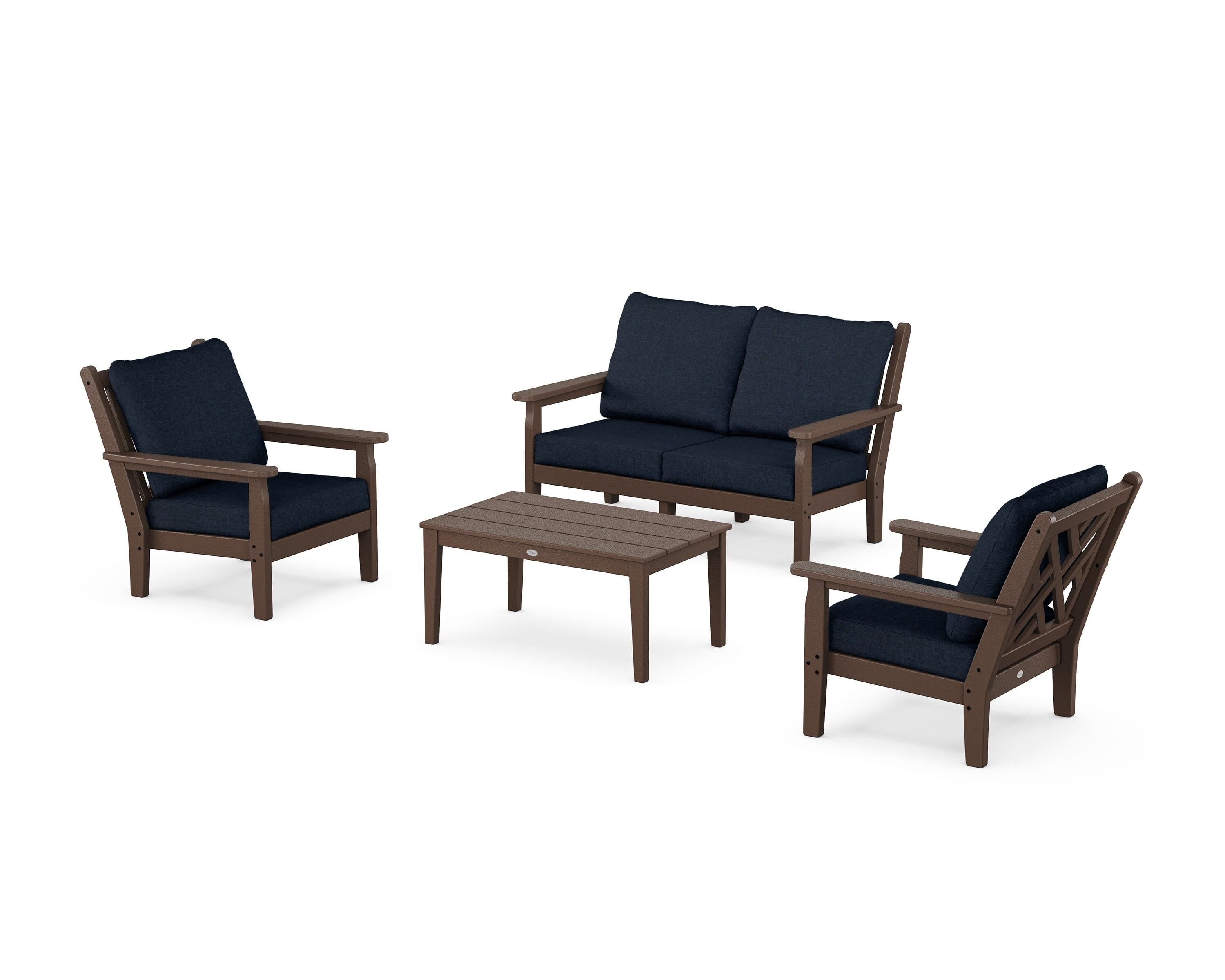 POLYWOOD® Chippendale 4-Piece Deep Seating Set with Loveseat in Mahogany / Marine Indigo