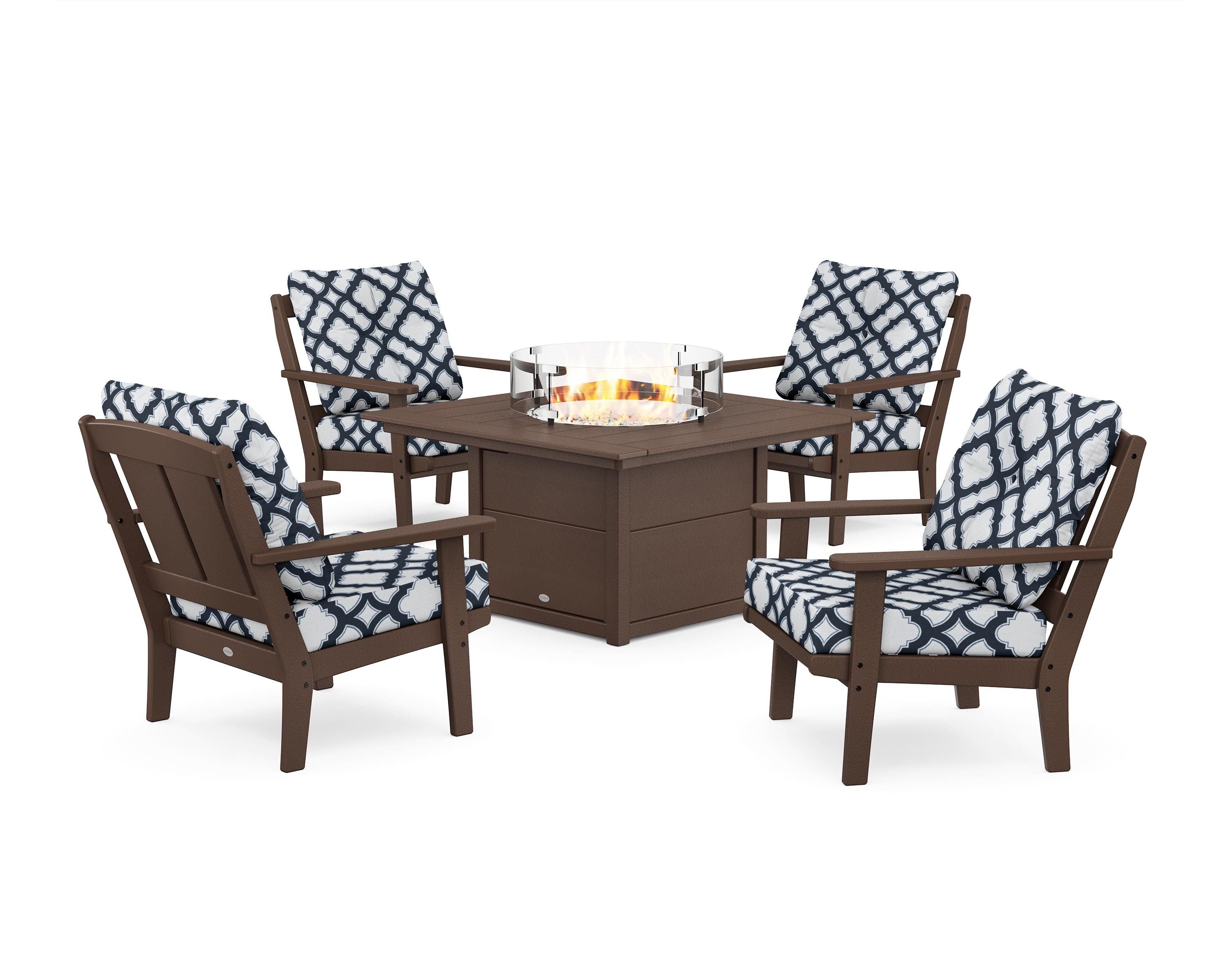 POLYWOOD® Mission 5-Piece Deep Seating Set with Fire Pit Table in Mahogany / Trellis Marine Indigo