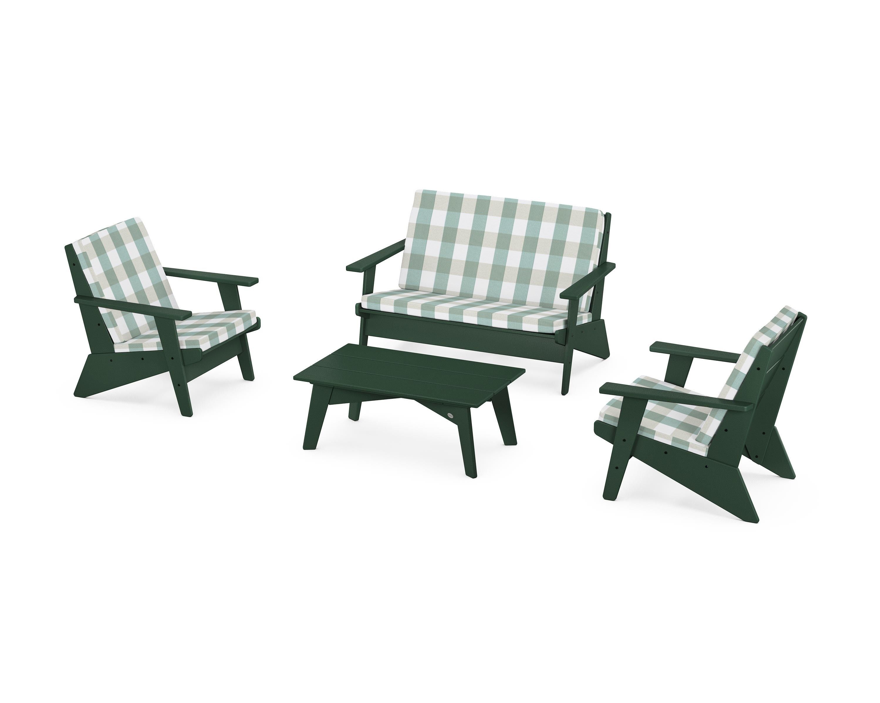 POLYWOOD® Riviera Modern Lounge 4-Piece Set in Green / Buffalo Plaid Glacier Spa