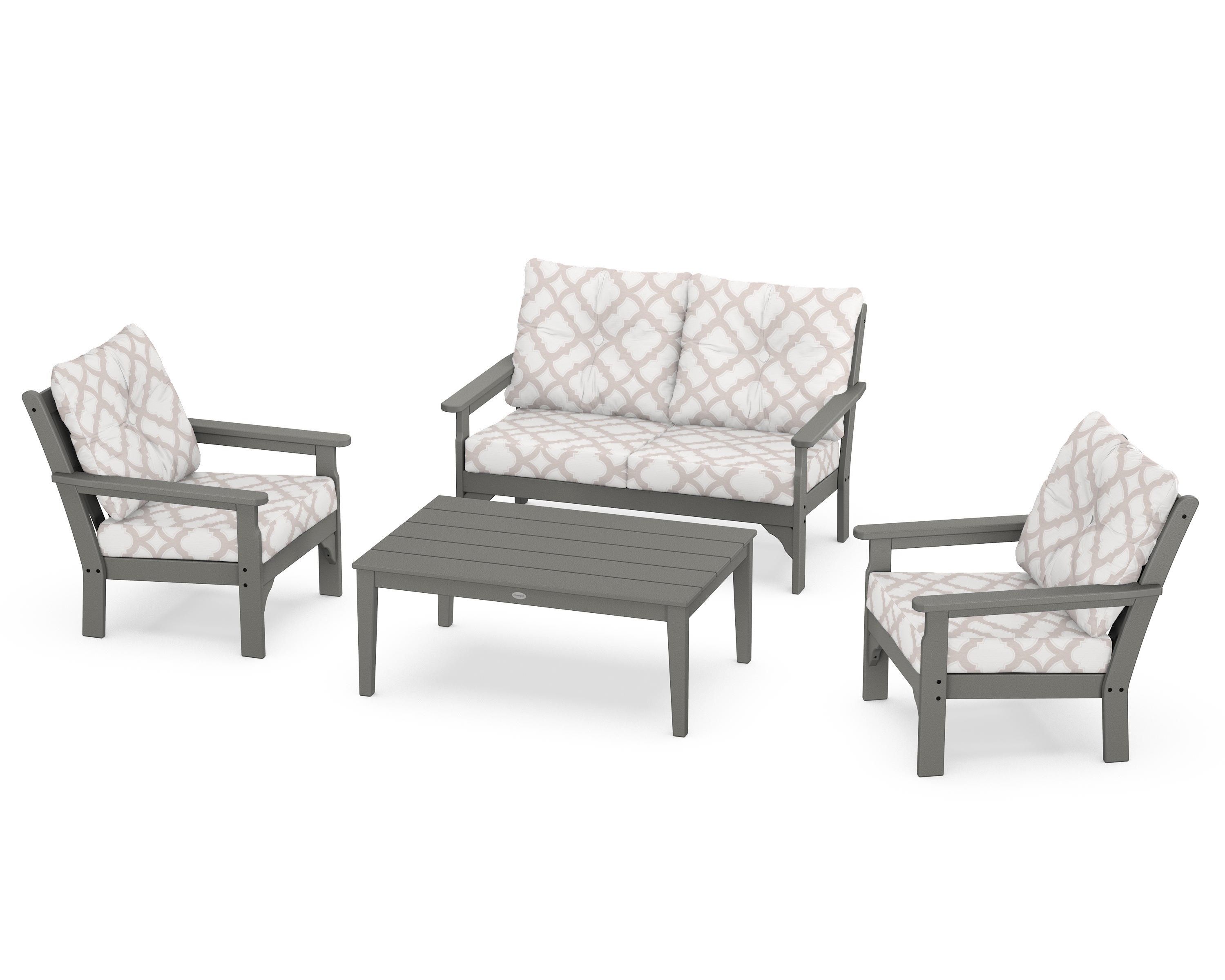 POLYWOOD® Vineyard 4-Piece Deep Seating Set in Slate Grey / Trellis Dune Burlap