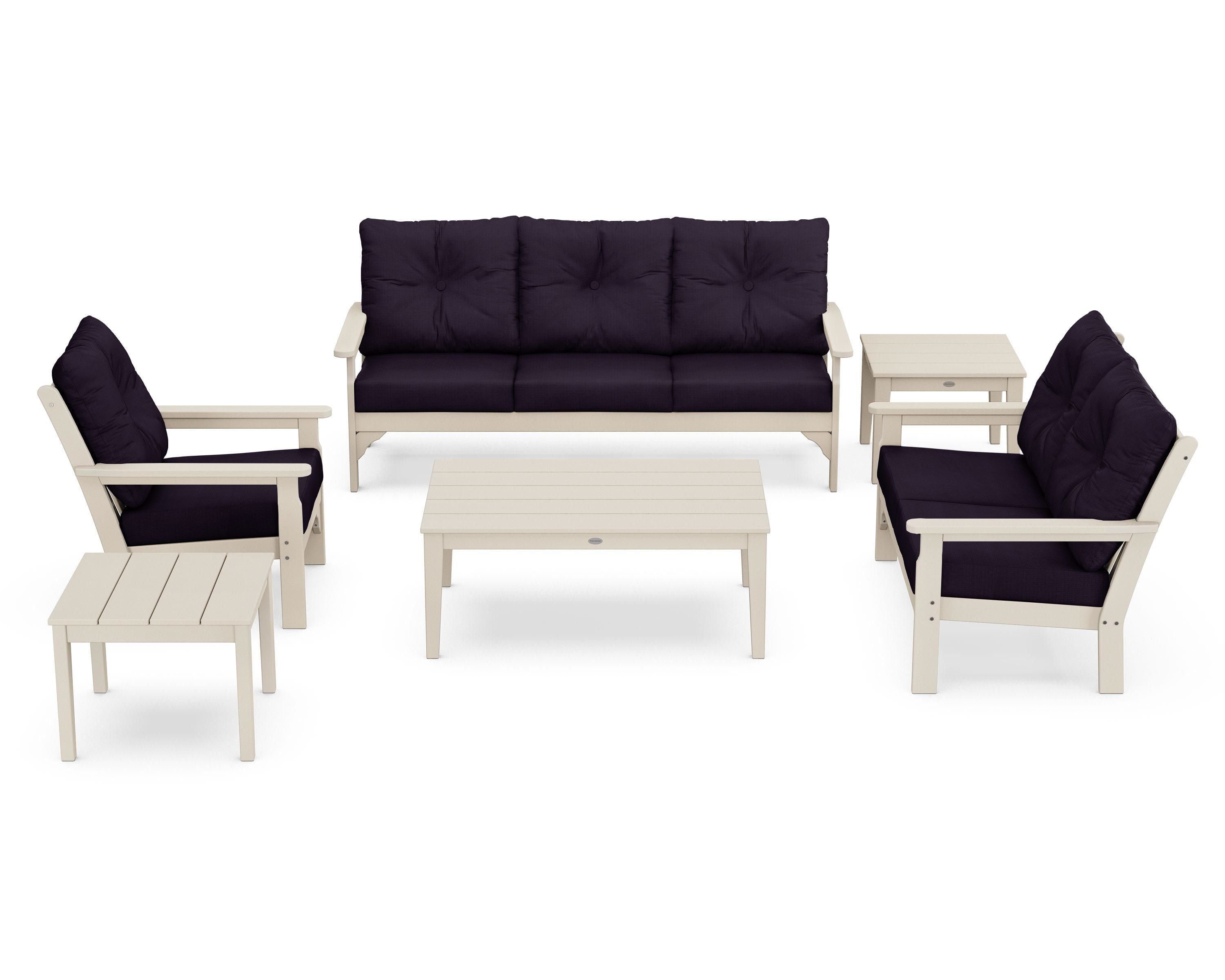 POLYWOOD® Vineyard 6-Piece Deep Seating Set in Sand / Navy Linen