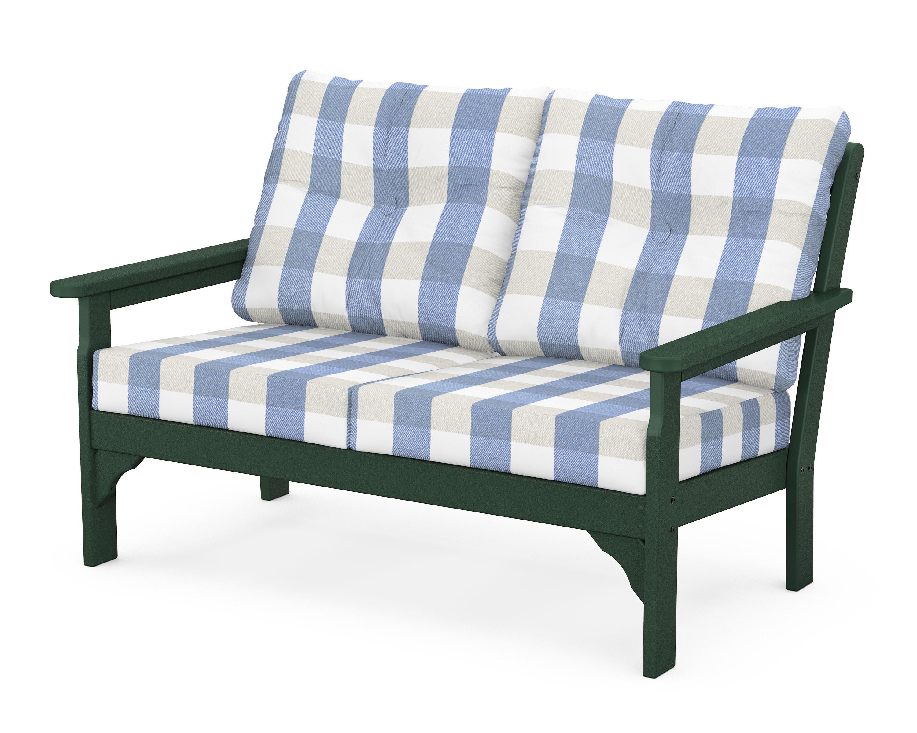 POLYWOOD® Vineyard Deep Seating Loveseat in Green / Buffalo Plaid Sky Blue