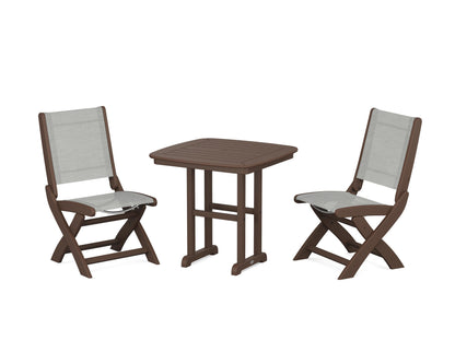 POLYWOOD® Coastal Folding Side Chair 3-Piece Dining Set in Mahogany / Metallic Sling