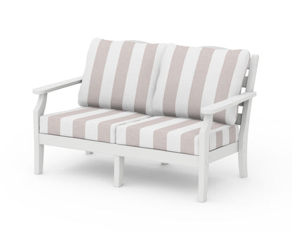 Draper James™ by  POLYWOOD® Savannah Deep Seating Loveseat in White / Cabana Stripe Dune Burlap