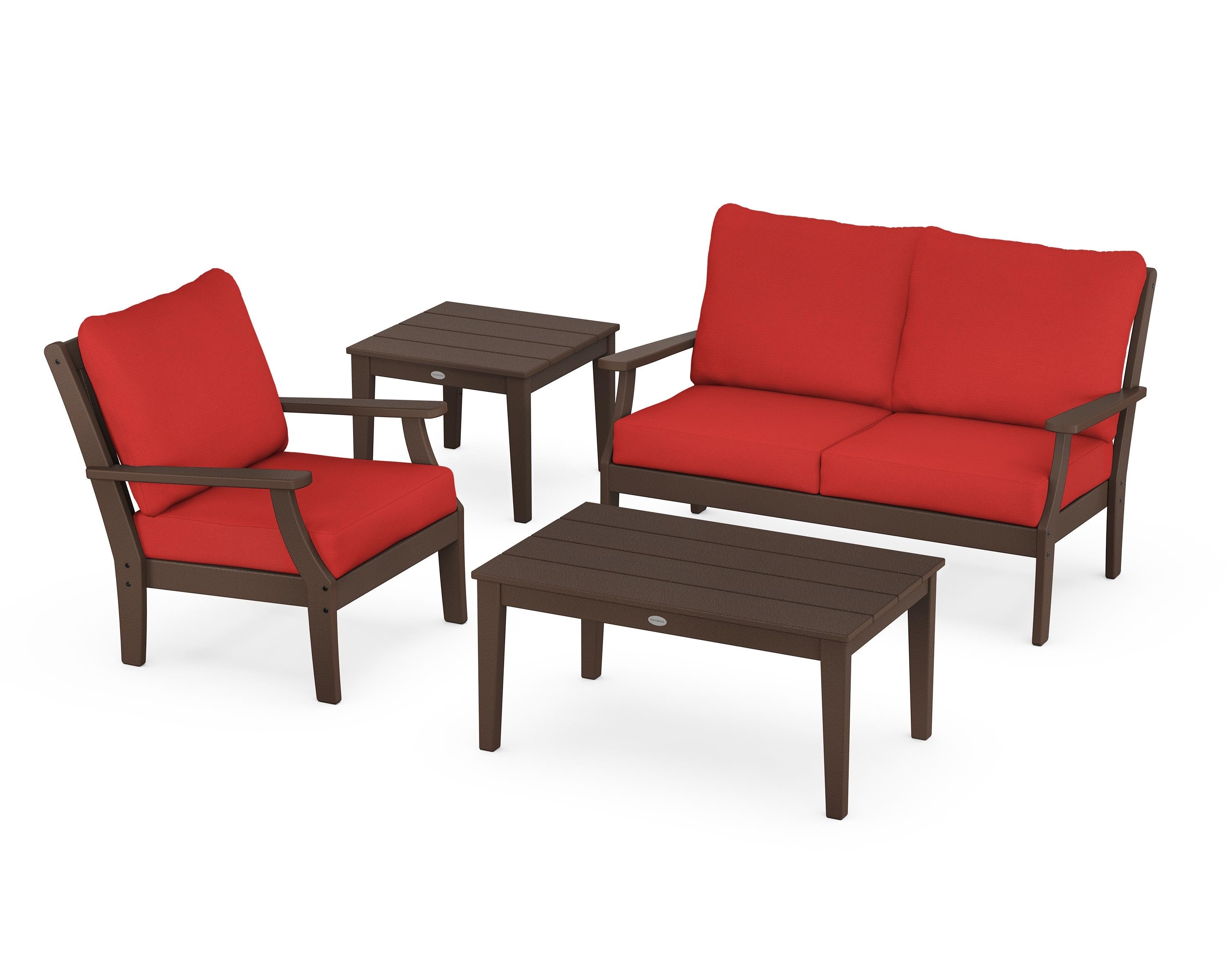 POLYWOOD® Braxton 4-Piece Deep Seating Set in Mahogany / Crimson Linen