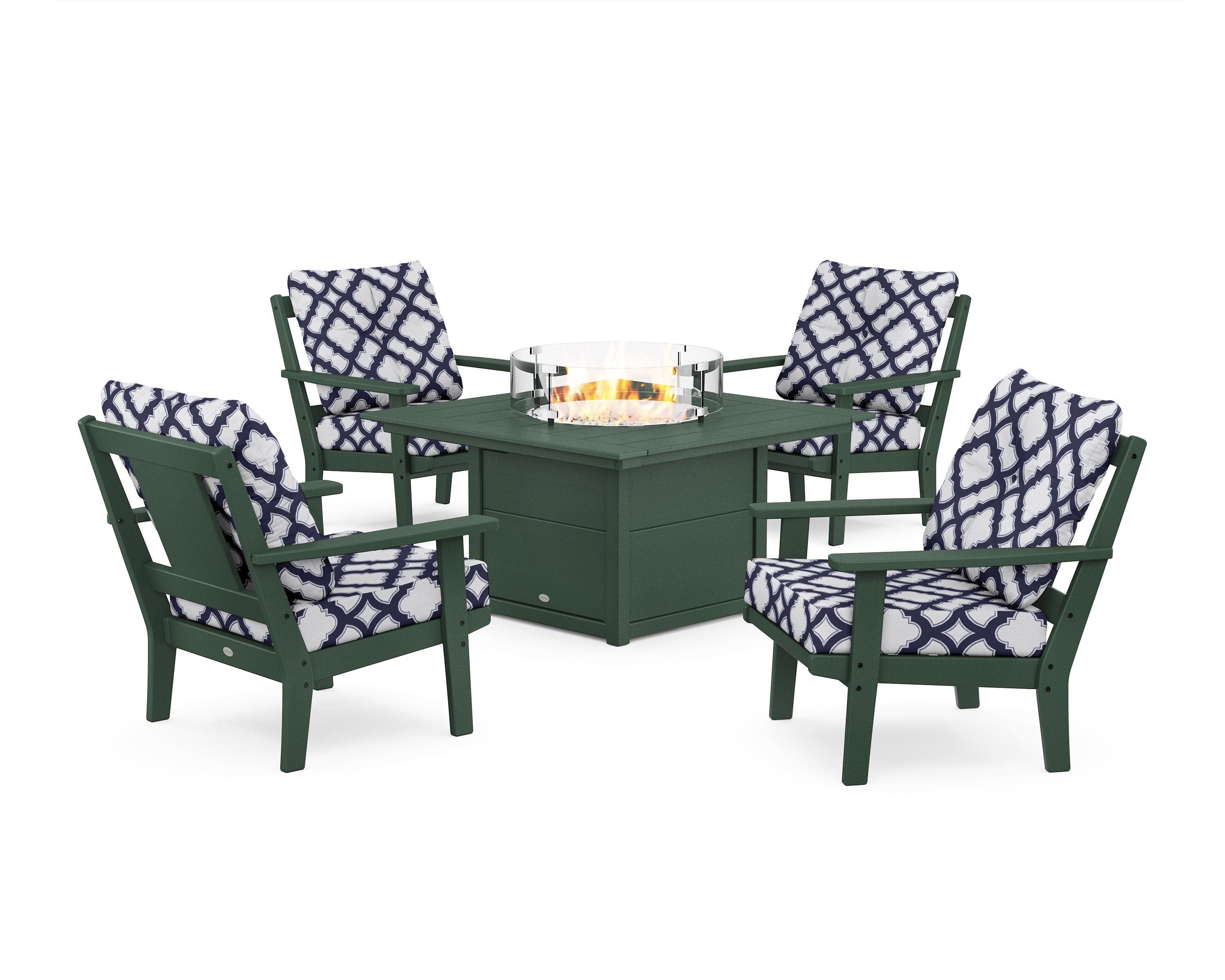 POLYWOOD® Prairie 5-Piece Deep Seating Set with Fire Pit Table in Green / Trellis Navy