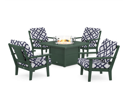 POLYWOOD® Prairie 5-Piece Deep Seating Set with Fire Pit Table in Green / Trellis Navy