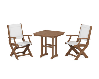 POLYWOOD® Coastal Folding Chair 3-Piece Dining Set in Teak / White Sling