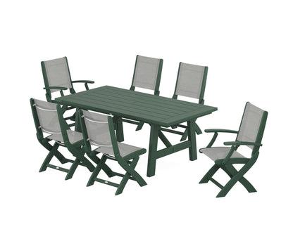 POLYWOOD® Coastal Folding Chair 7-Piece Rustic Farmhouse Dining Set in Green / Metallic Sling