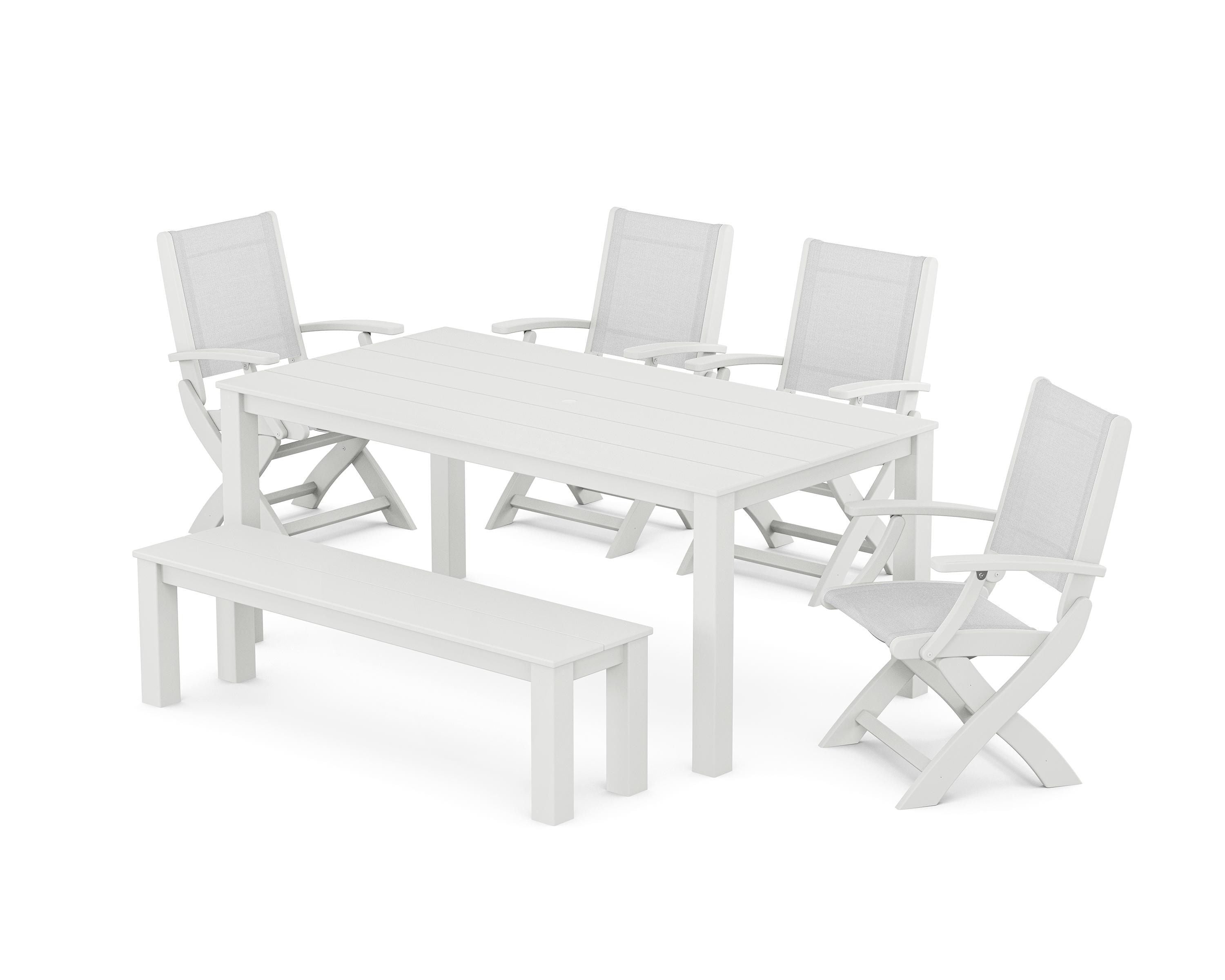 POLYWOOD® Coastal Folding Chair 6-Piece Parsons Dining Set with Bench in White / White Sling