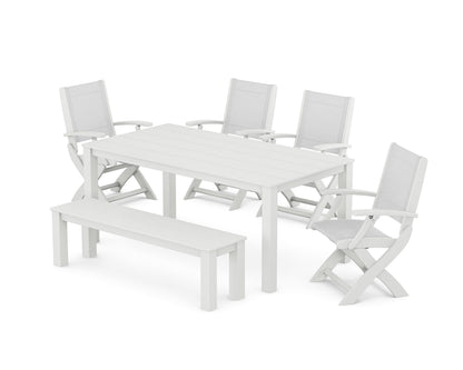 POLYWOOD® Coastal Folding Chair 6-Piece Parsons Dining Set with Bench in White / White Sling