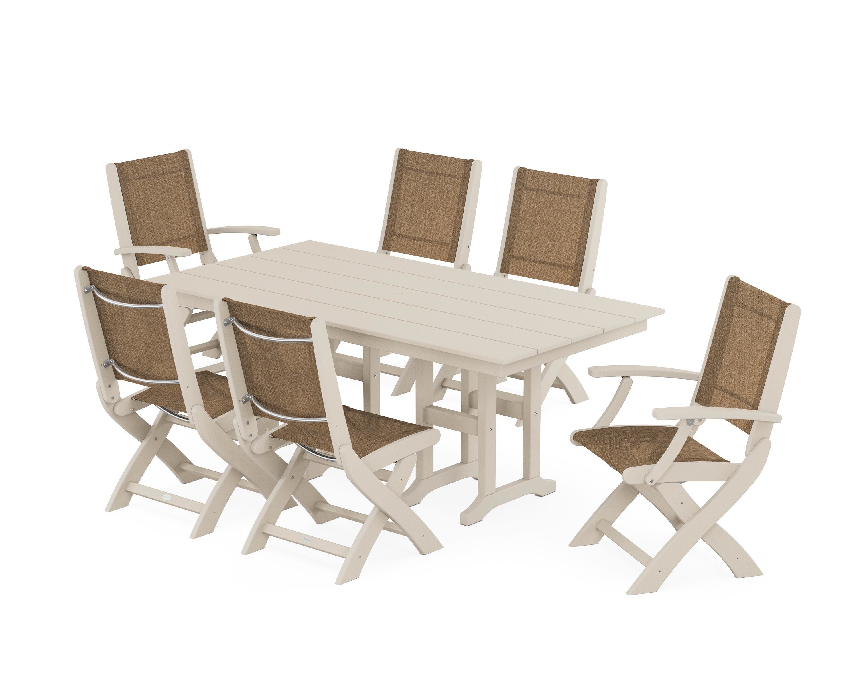 POLYWOOD® Coastal Folding Chair 7-Piece Farmhouse Dining Set in Sand / Burlap Sling