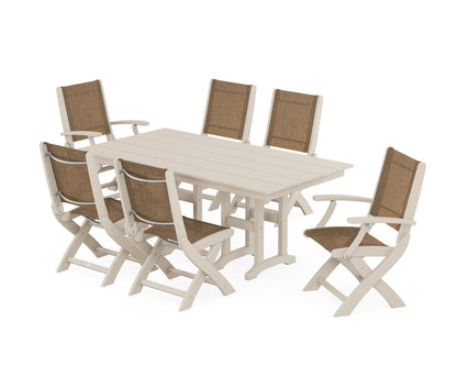 POLYWOOD® Coastal Folding Chair 7-Piece Farmhouse Dining Set in Sand / Burlap Sling