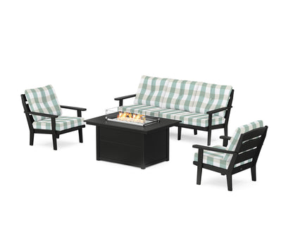 POLYWOOD® Lakeside Deep Seating Fire Pit Table Set in Black / Buffalo Plaid Glacier Spa