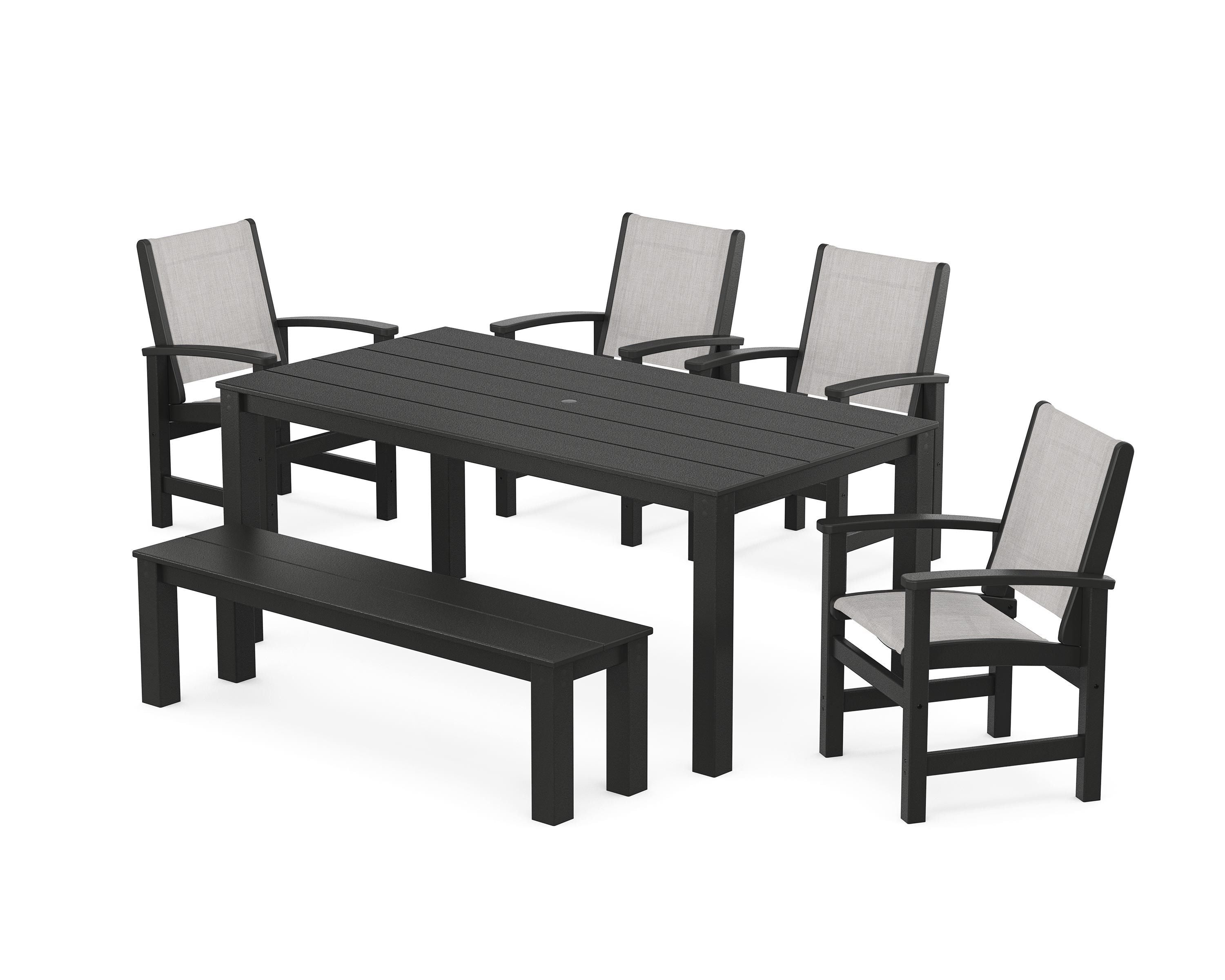 POLYWOOD® Coastal 6-Piece Parsons Dining Set with Bench in Black / Parchment Sling