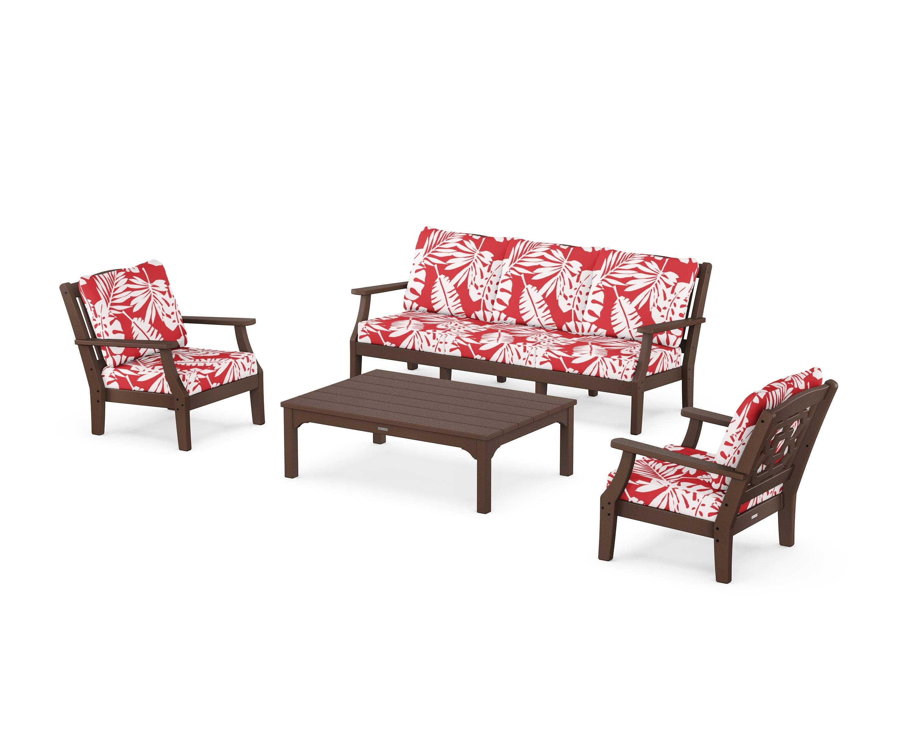 Martha Stewart by POLYWOOD® Chinoiserie 4-Piece Deep Seating Set with Sofa in Mahogany / Leaf Crimson