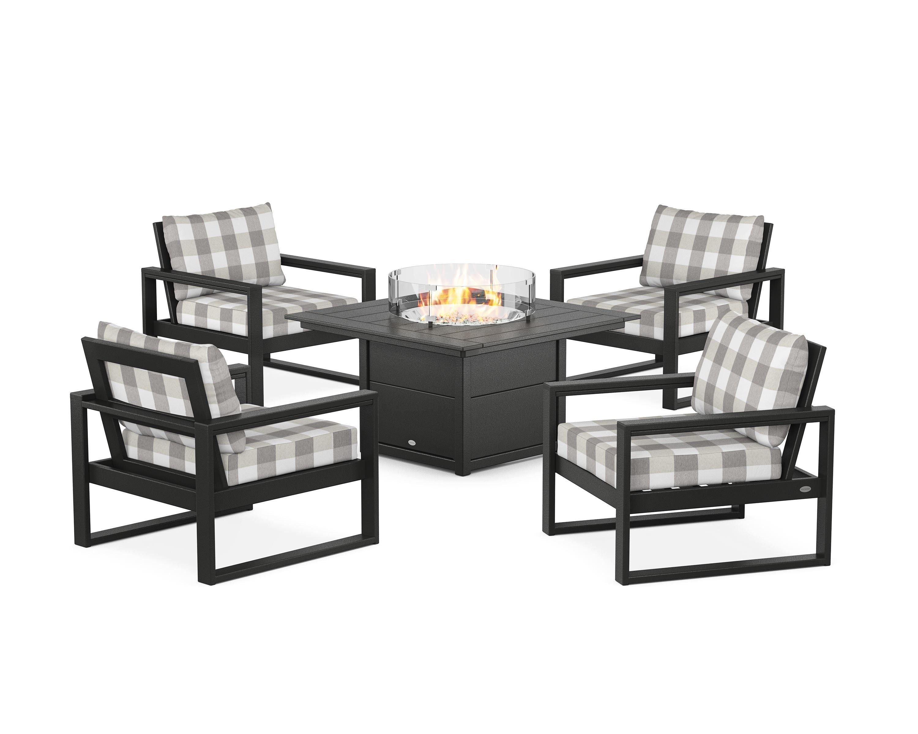 POLYWOOD® EDGE Sectional 5-Piece Deep Seating Set with Fire Pit Table in Black / Buffalo Plaid Grey Mist