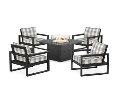 POLYWOOD® EDGE Sectional 5-Piece Deep Seating Set with Fire Pit Table in Black / Buffalo Plaid Grey Mist