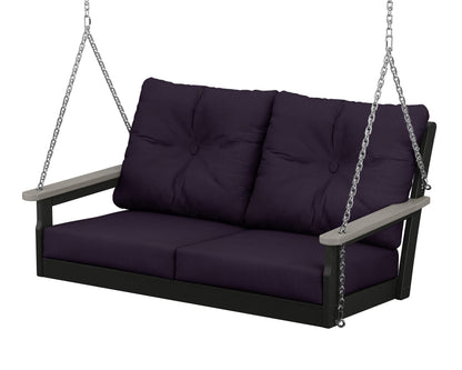 POLYWOOD® Vineyard Deep Seating Swing in Black / Driftwood / Navy Linen