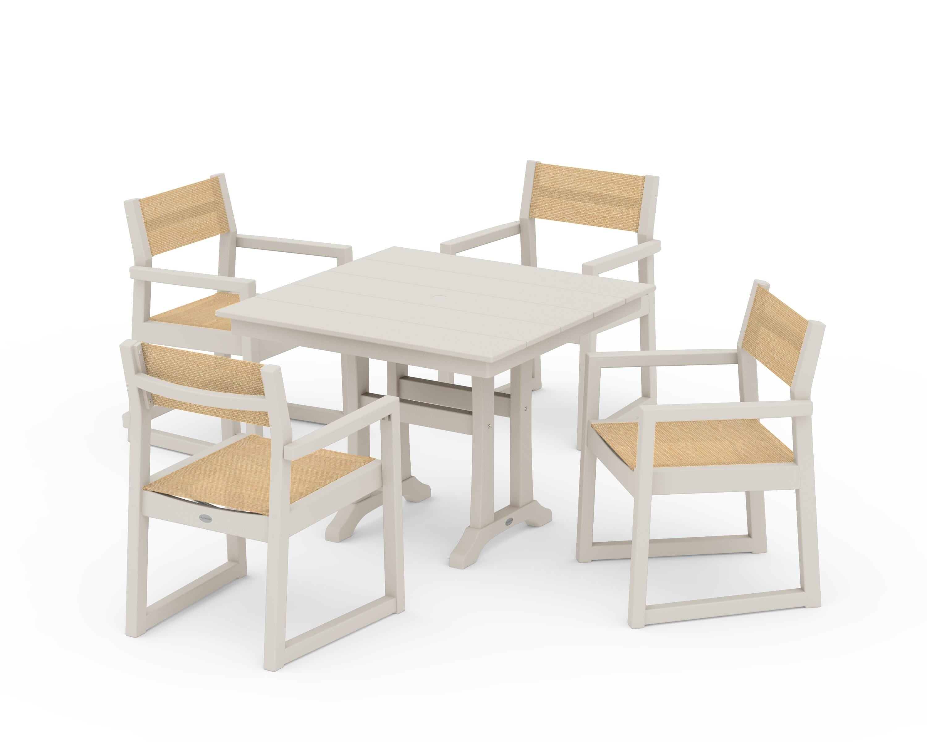 POLYWOOD® EDGE Sling 5-Piece Farmhouse Dining Set with Trestle Legs in Sand / Dupioni Apricot Sling