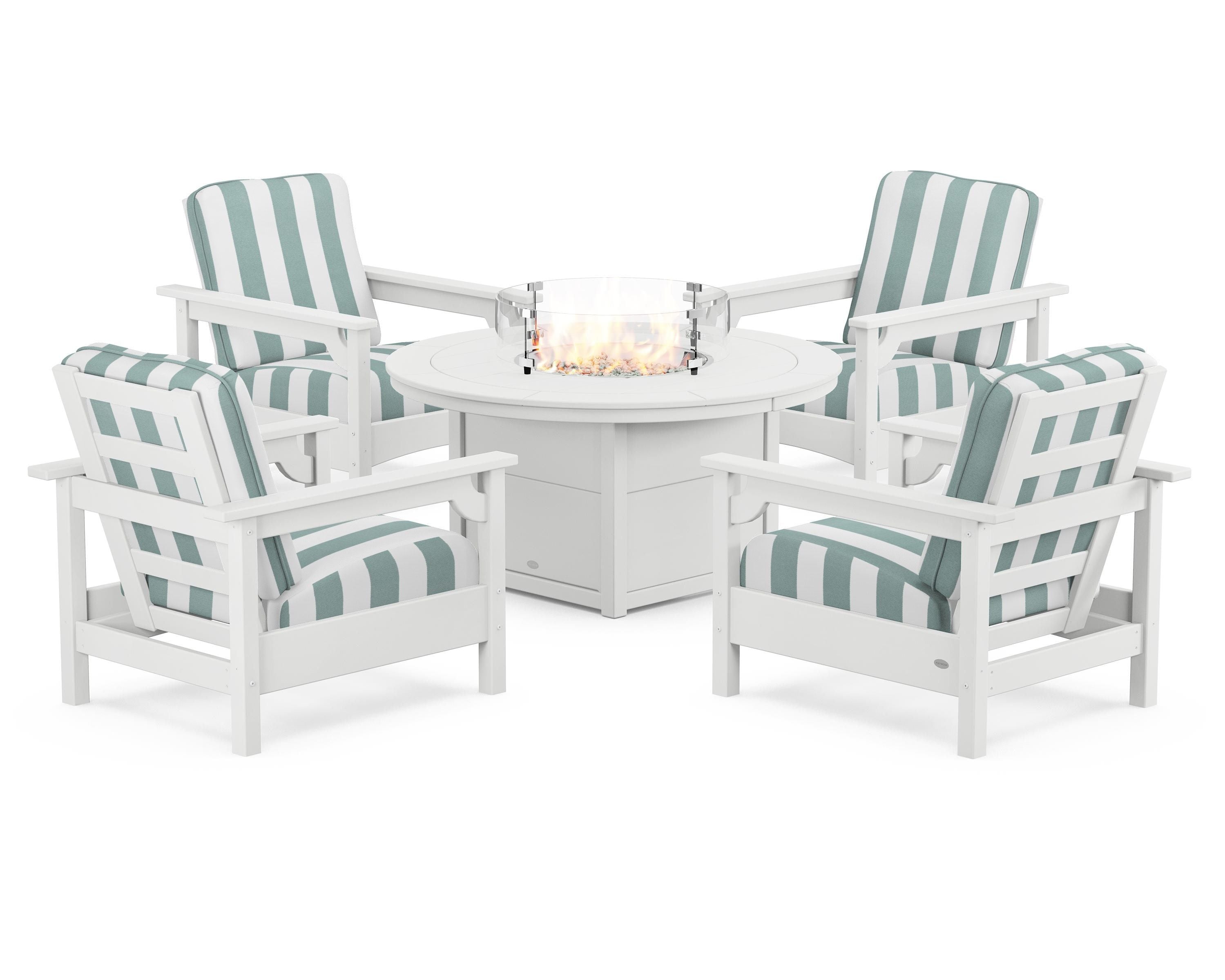 POLYWOOD® Club 5-Piece Conversation Set with Fire Pit Table in White / Cabana Stripe Glacier Spa