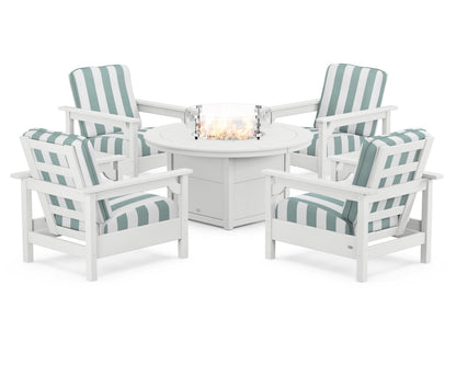 POLYWOOD® Club 5-Piece Conversation Set with Fire Pit Table in White / Cabana Stripe Glacier Spa