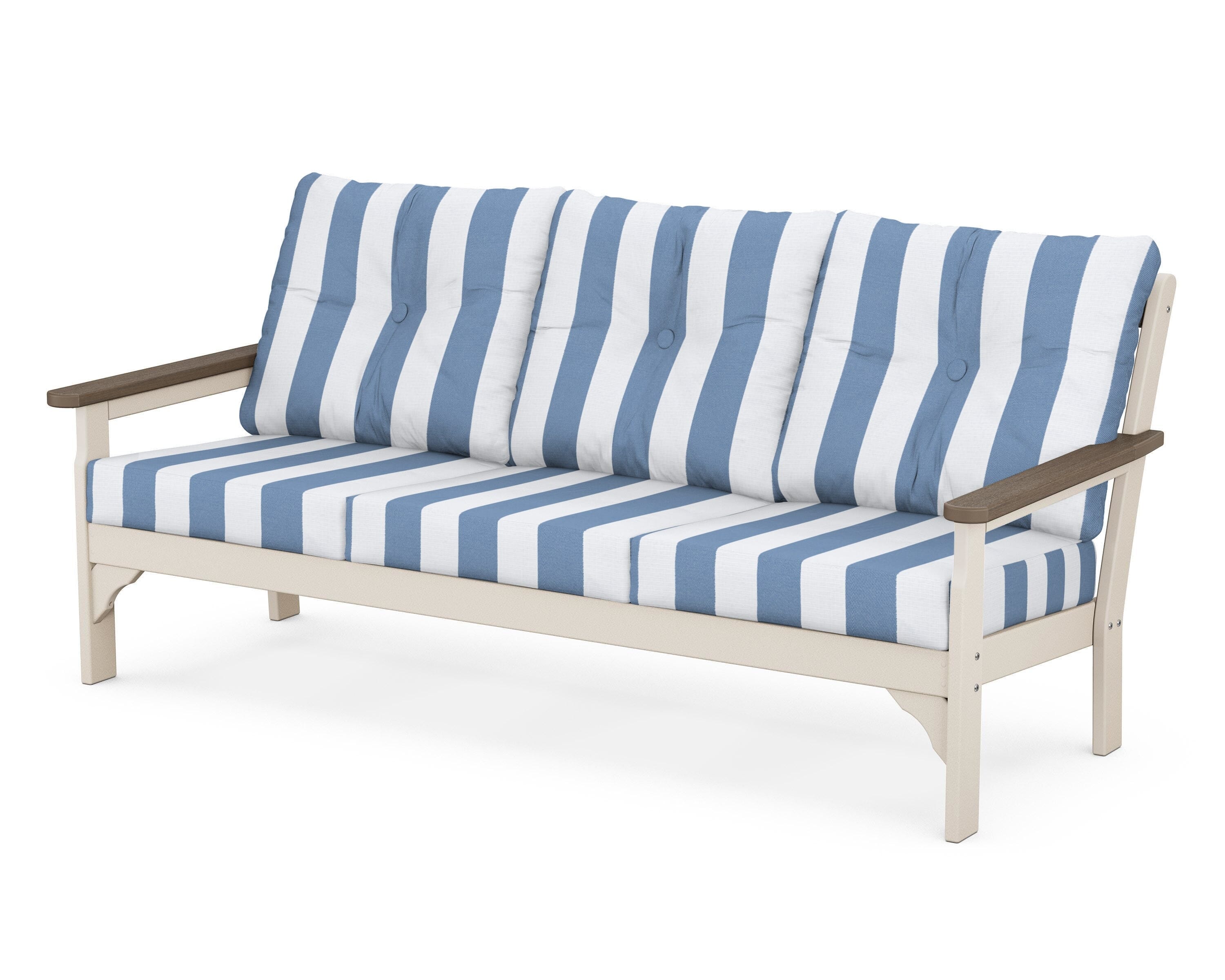 POLYWOOD® Vineyard Deep Seating Sofa in Sand / Kona / Cabana Stripe Sky Blue