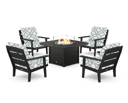 POLYWOOD® Lakeside 5-Piece Deep Seating Set with Nautical Fire Pit Table in Black / Trellis Glacier Spa