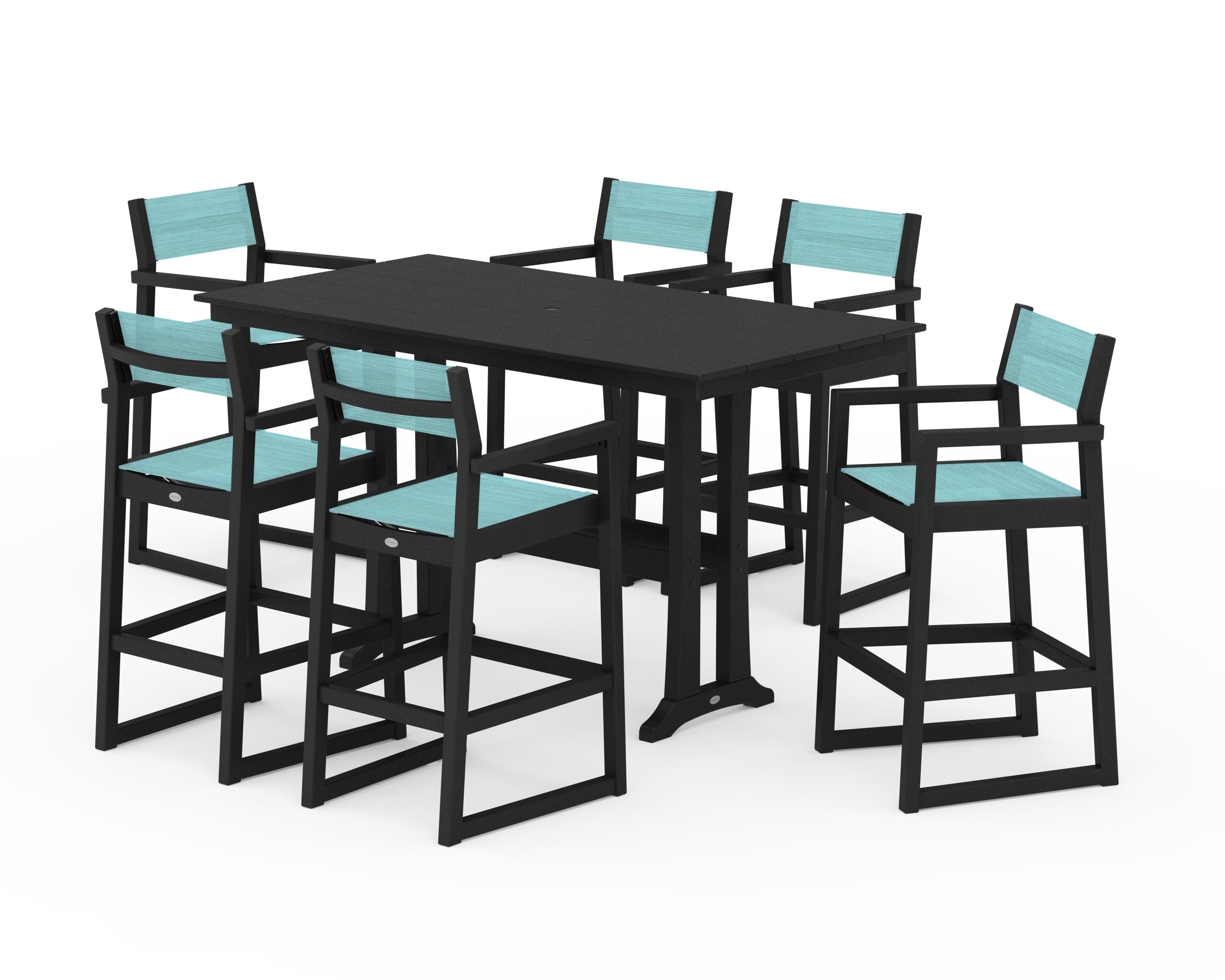 POLYWOOD® EDGE Sling Arm Chair 7-Piece Farmhouse Bar Set with Trestle Legs in Black / Dupioni Aquamarine Sling