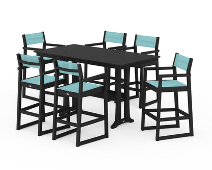 POLYWOOD® EDGE Sling Arm Chair 7-Piece Farmhouse Bar Set with Trestle Legs in Black / Dupioni Aquamarine Sling