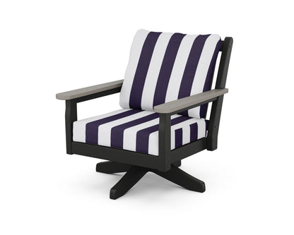 POLYWOOD® Chippendale Deep Seating Swivel Chair in Black / Driftwood / Cabana Stripe Navy