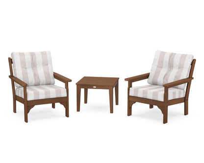 POLYWOOD® Vineyard 3-Piece Deep Seating Set in Teak / Buffalo Plaid Dune Burlap
