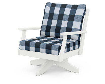 POLYWOOD® Braxton Deep Seating Swivel Chair in White / Buffalo Plaid Marine Indigo