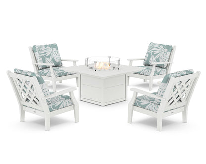 Country Living Wovendale 5-Piece Deep Seating Set with Fire Pit Table in White / Leaf Glacier Spa
