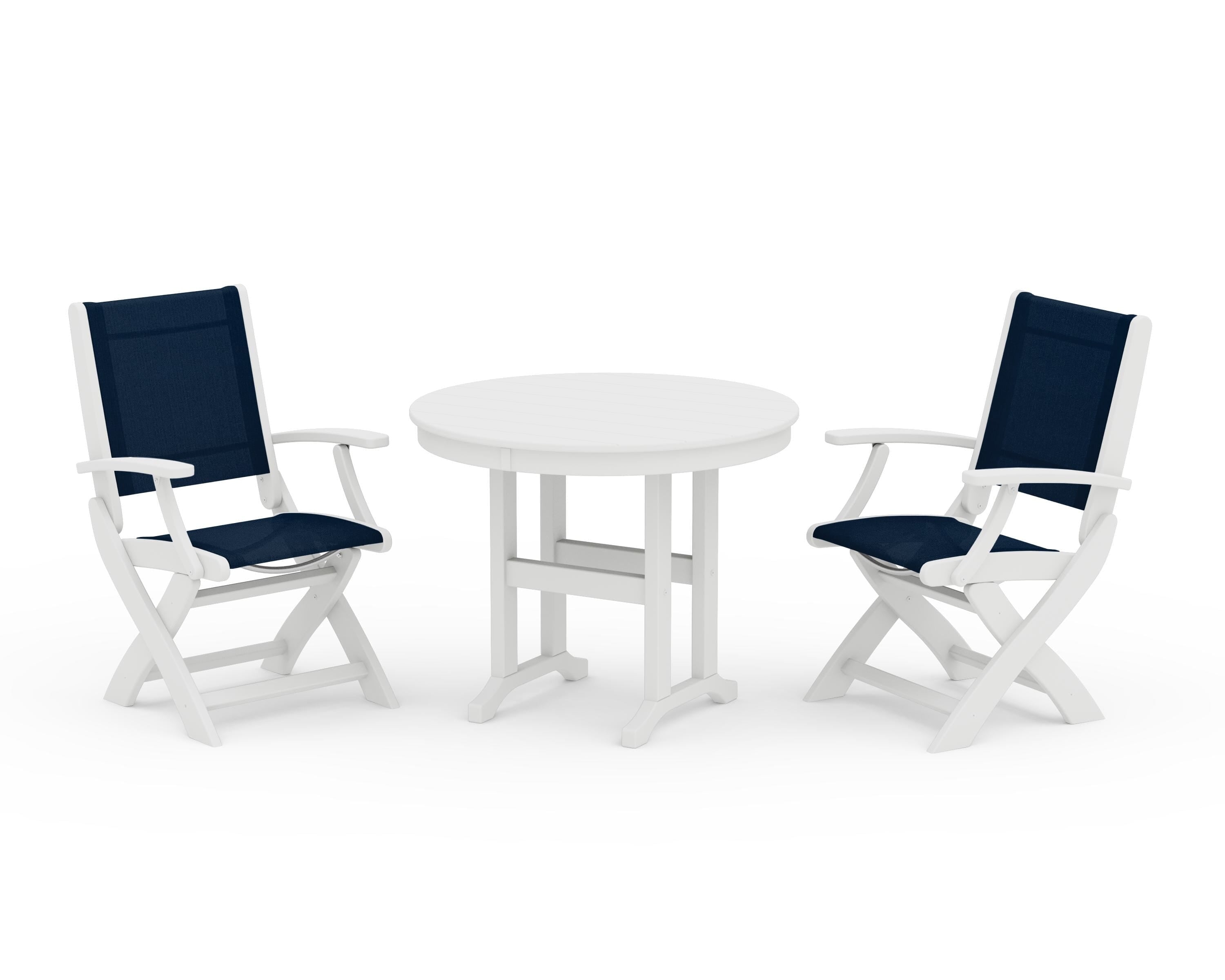 POLYWOOD® Coastal Folding Chair 3-Piece Round Dining Set in White / Navy Blue Sling
