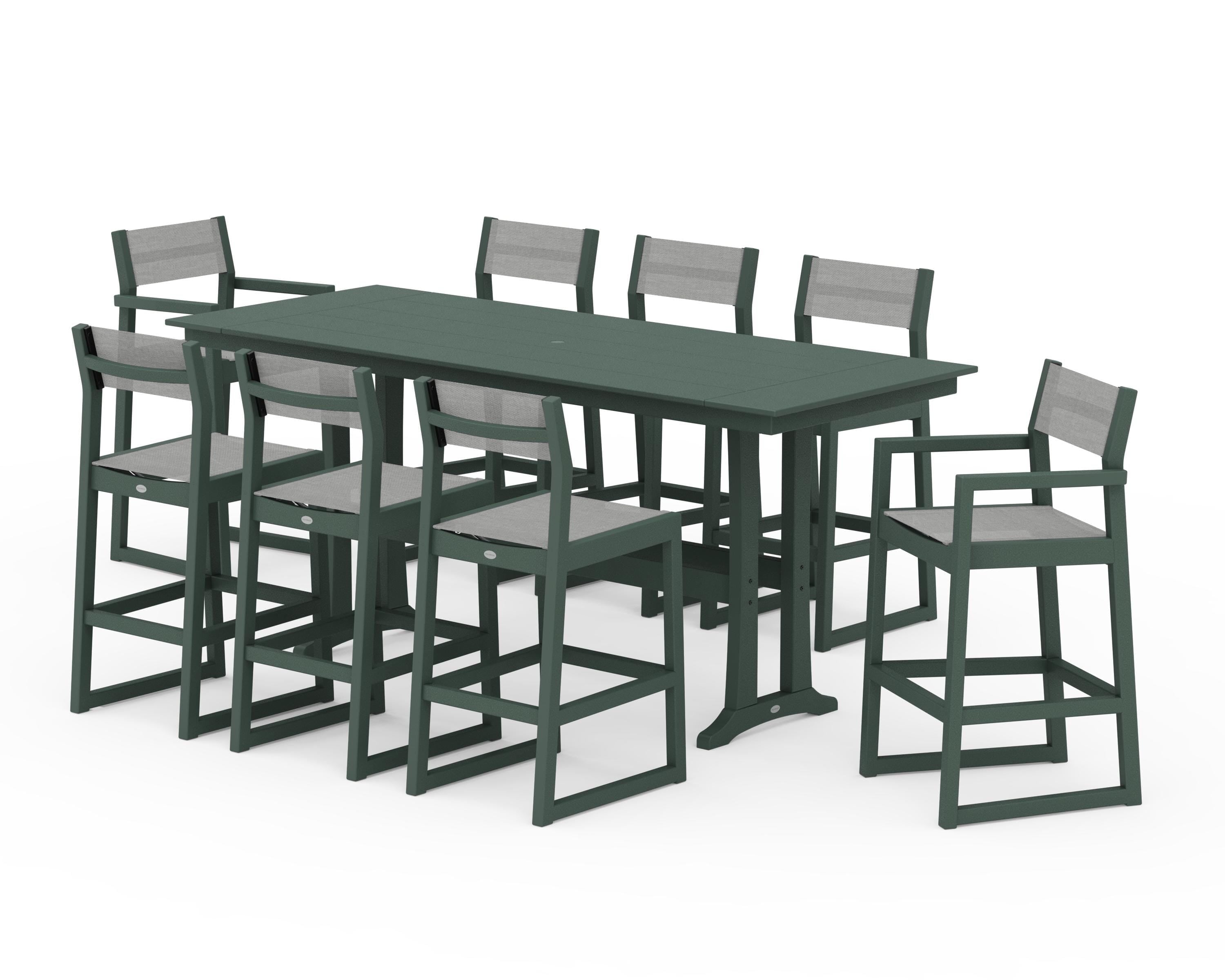 POLYWOOD® EDGE Sling 9-Piece Farmhouse Bar Set with Trestle Legs in Green / Metallic Sling