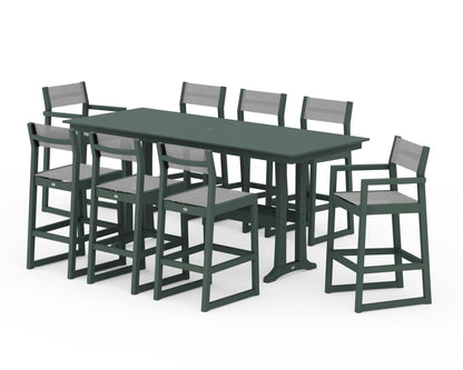 POLYWOOD® EDGE Sling 9-Piece Farmhouse Bar Set with Trestle Legs in Green / Metallic Sling