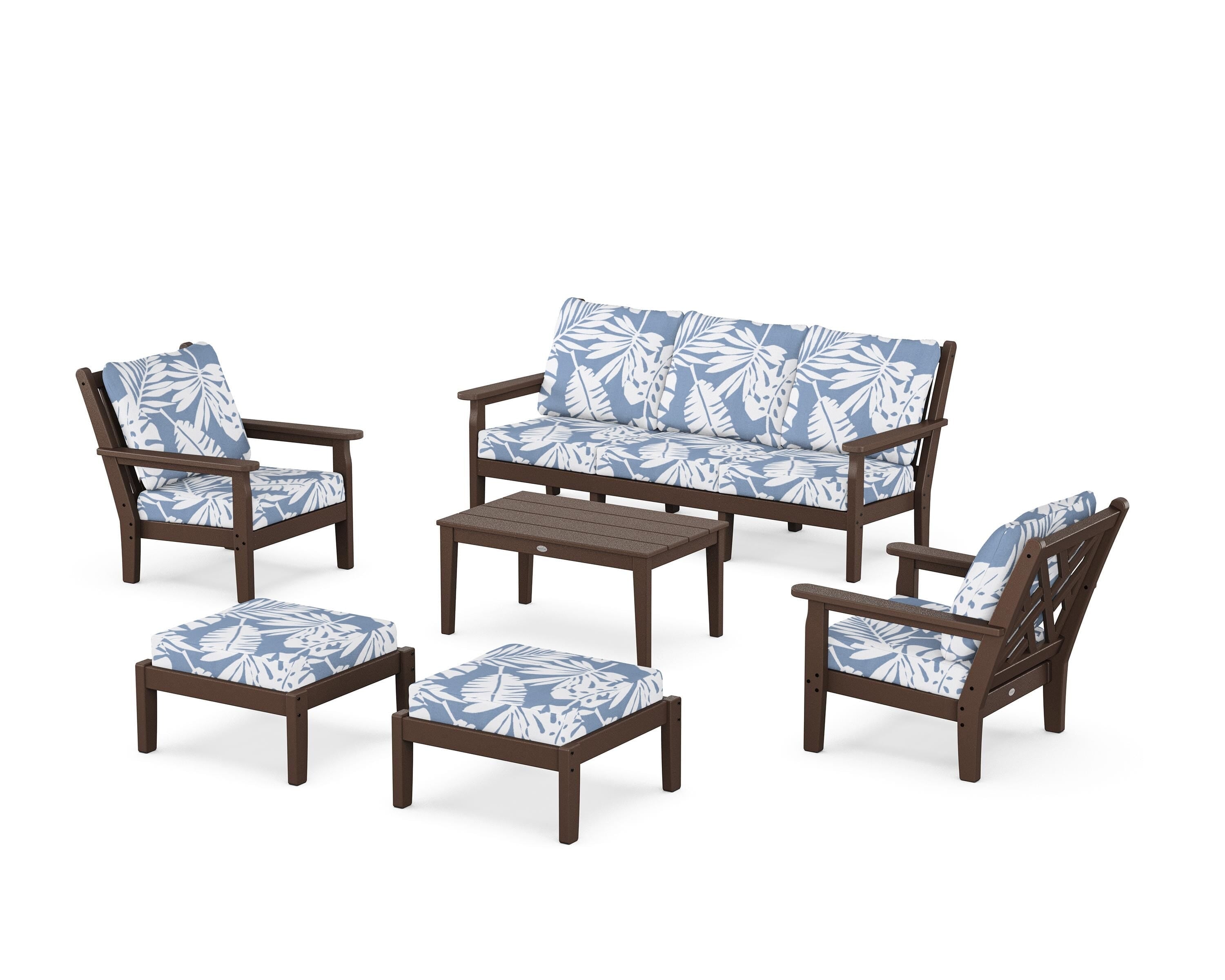 POLYWOOD® Chippendale 6-Piece Lounge Sofa Set in Mahogany / Leaf Sky Blue
