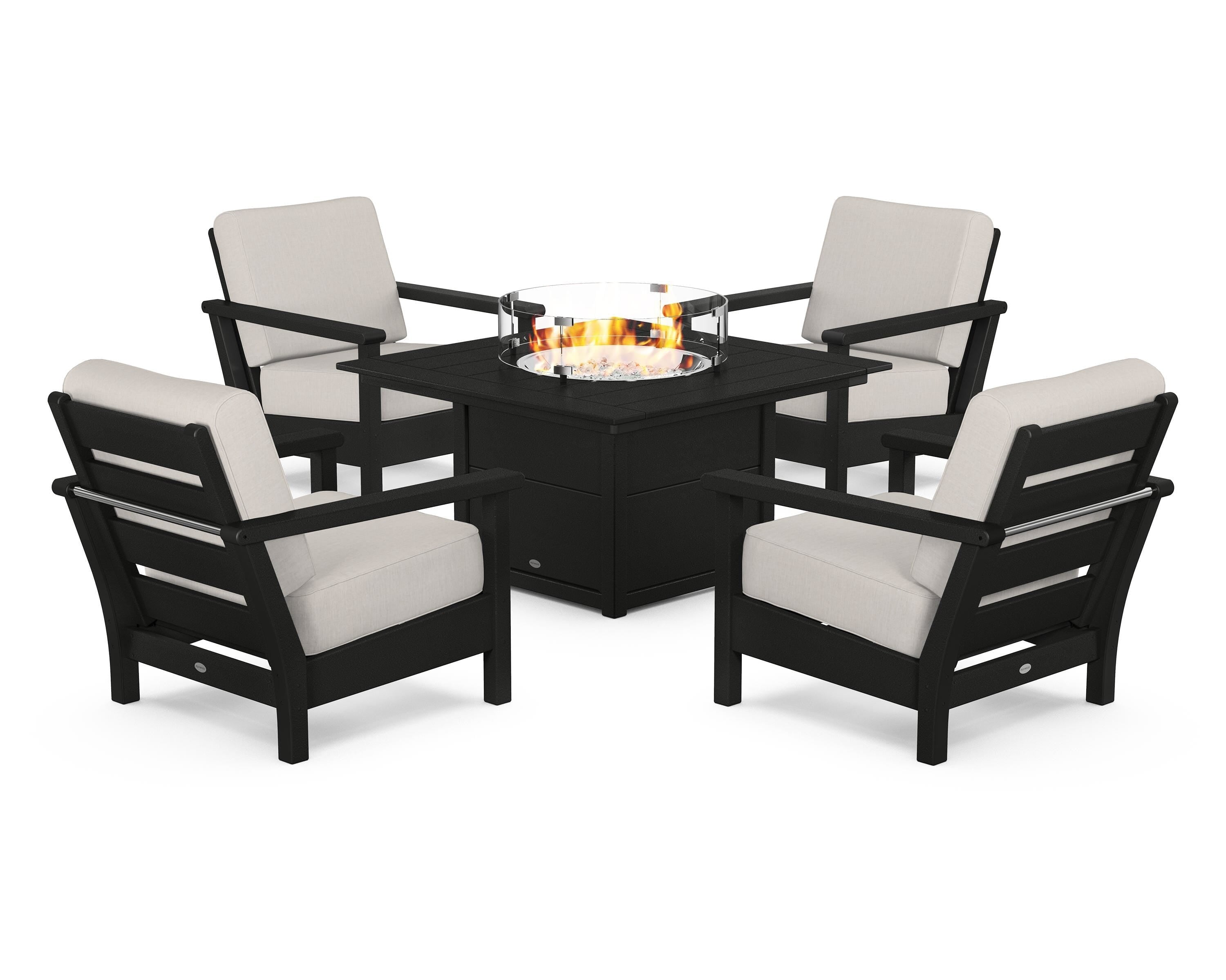 POLYWOOD® Harbour 5-Piece Conversation Set with Fire Pit Table in Black / Cast Ash