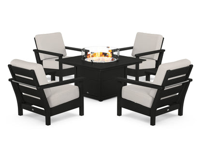 POLYWOOD® Harbour 5-Piece Conversation Set with Fire Pit Table in Black / Cast Ash