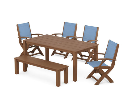 POLYWOOD® Coastal Folding Chair 6-Piece Parsons Dining Set with Bench in Teak / Poolside Sling