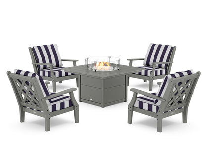 Country Living Wovendale 5-Piece Deep Seating Set with Fire Pit Table in Slate Grey / Cabana Stripe Navy