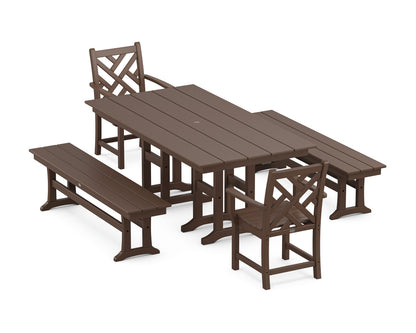 POLYWOOD® Chippendale 5-Piece Farmhouse Dining Set with Benches in Mahogany