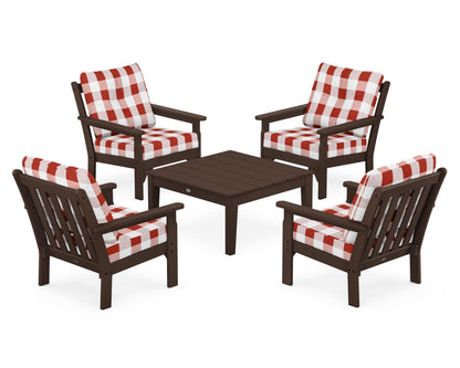 POLYWOOD® Vineyard 5-Piece Deep Seating Conversation Set in Mahogany / Buffalo Plaid Crimson