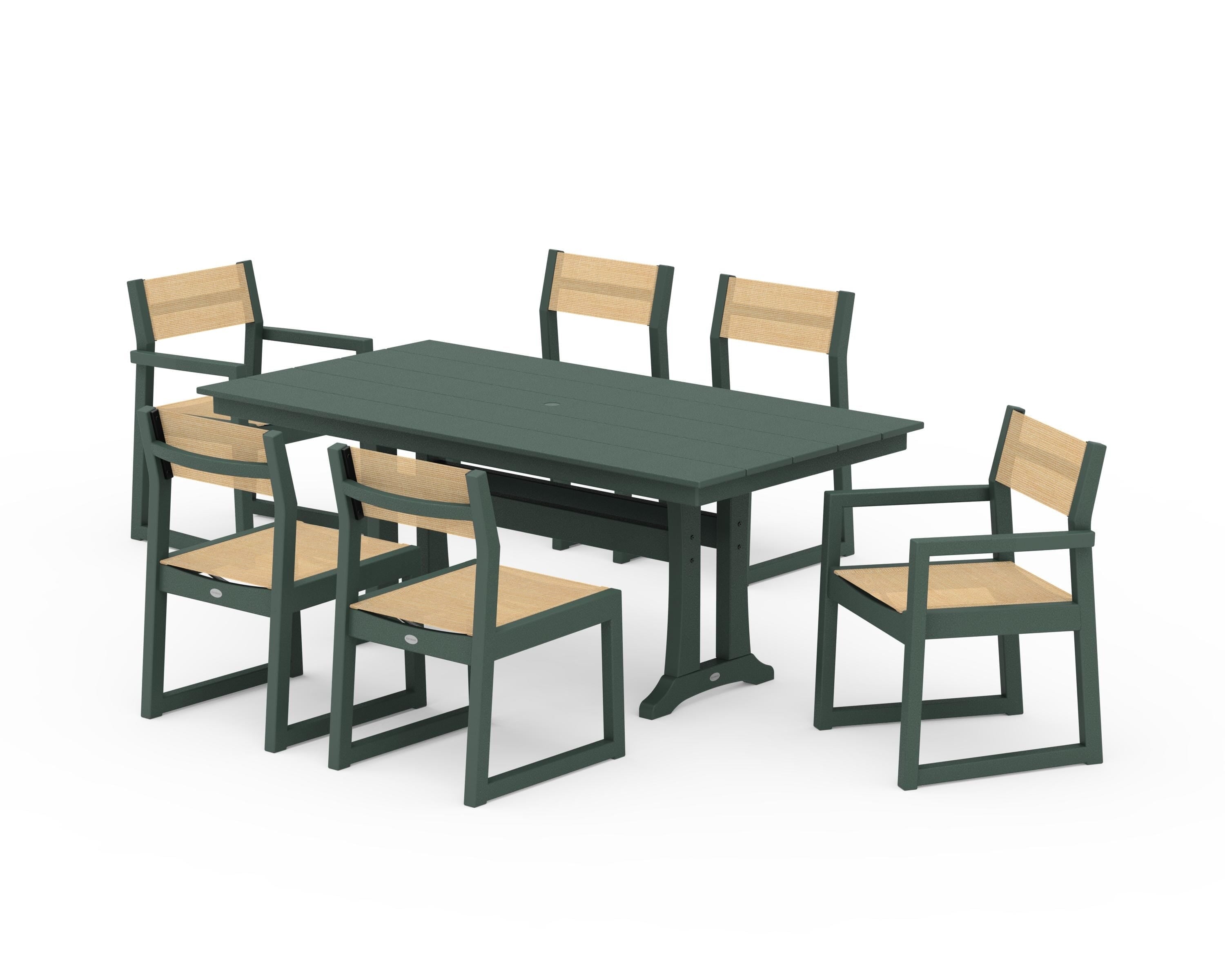 POLYWOOD® EDGE Sling 7-Piece Farmhouse Trestle Dining Set in Green / Dupioni Apricot Sling