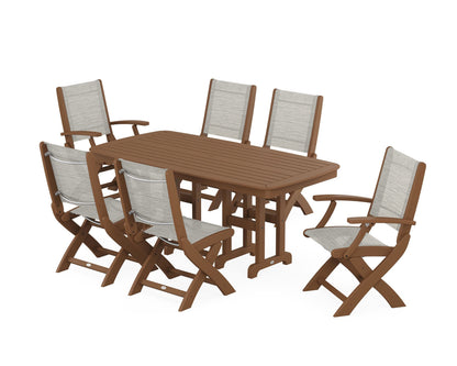 POLYWOOD® Coastal Folding Chair 7-Piece Dining Set in Teak / Birch Sling