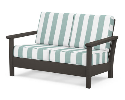 POLYWOOD® Harbour Deep Seating Loveseat in Vintage Coffee / Cabana Stripe Glacier Spa