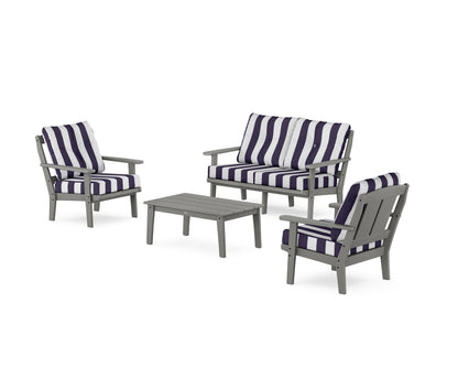 POLYWOOD® Mission 4-Piece Deep Seating Set with Loveseat in Slate Grey / Cabana Stripe Navy