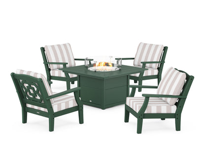 Martha Stewart by POLYWOOD® Chinoiserie 5-Piece Deep Seating Set with Fire Pit Table in Green / Cabana Stripe Dune Burlap