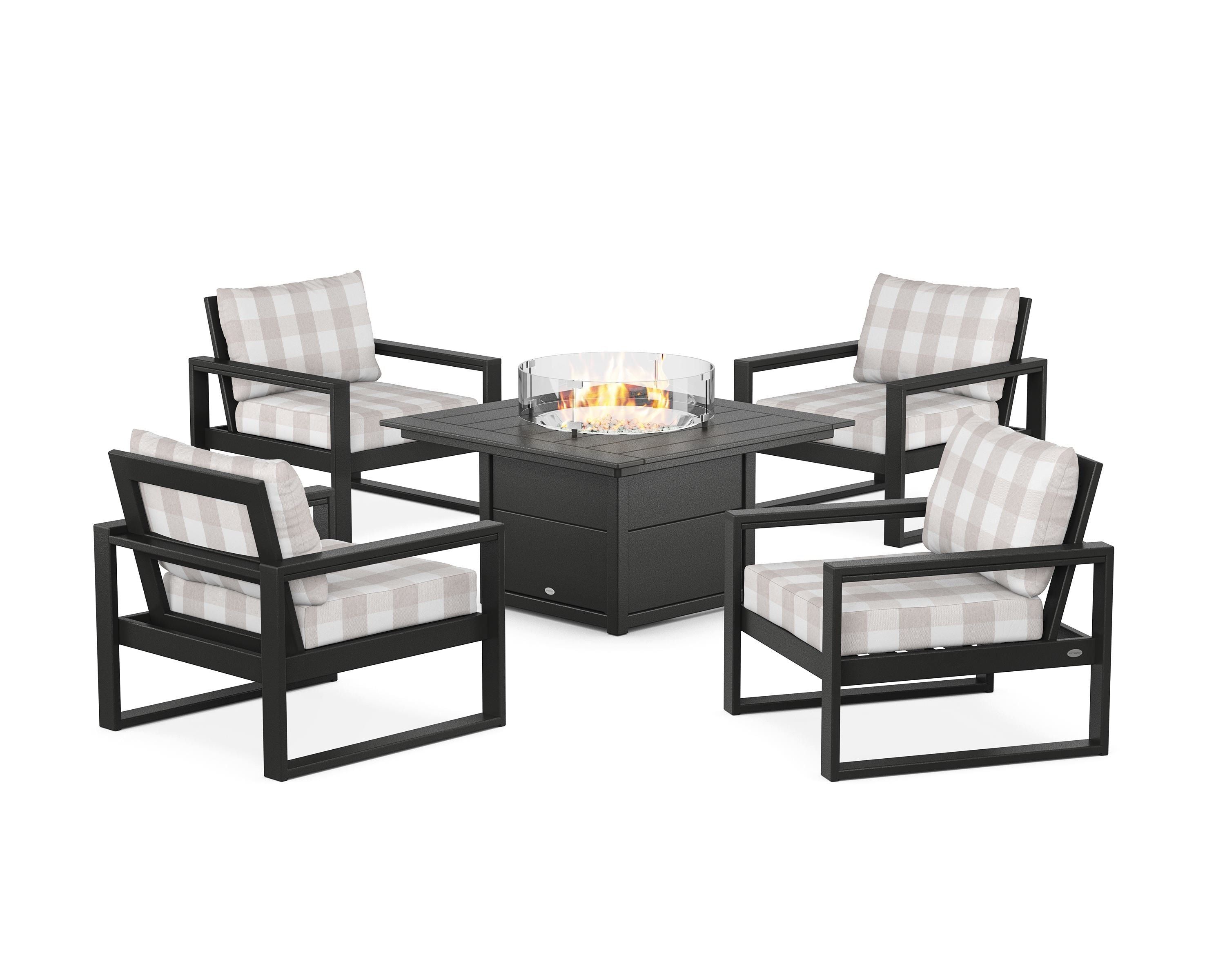 POLYWOOD® EDGE Sectional 5-Piece Deep Seating Set with Fire Pit Table in Black / Buffalo Plaid Dune Burlap